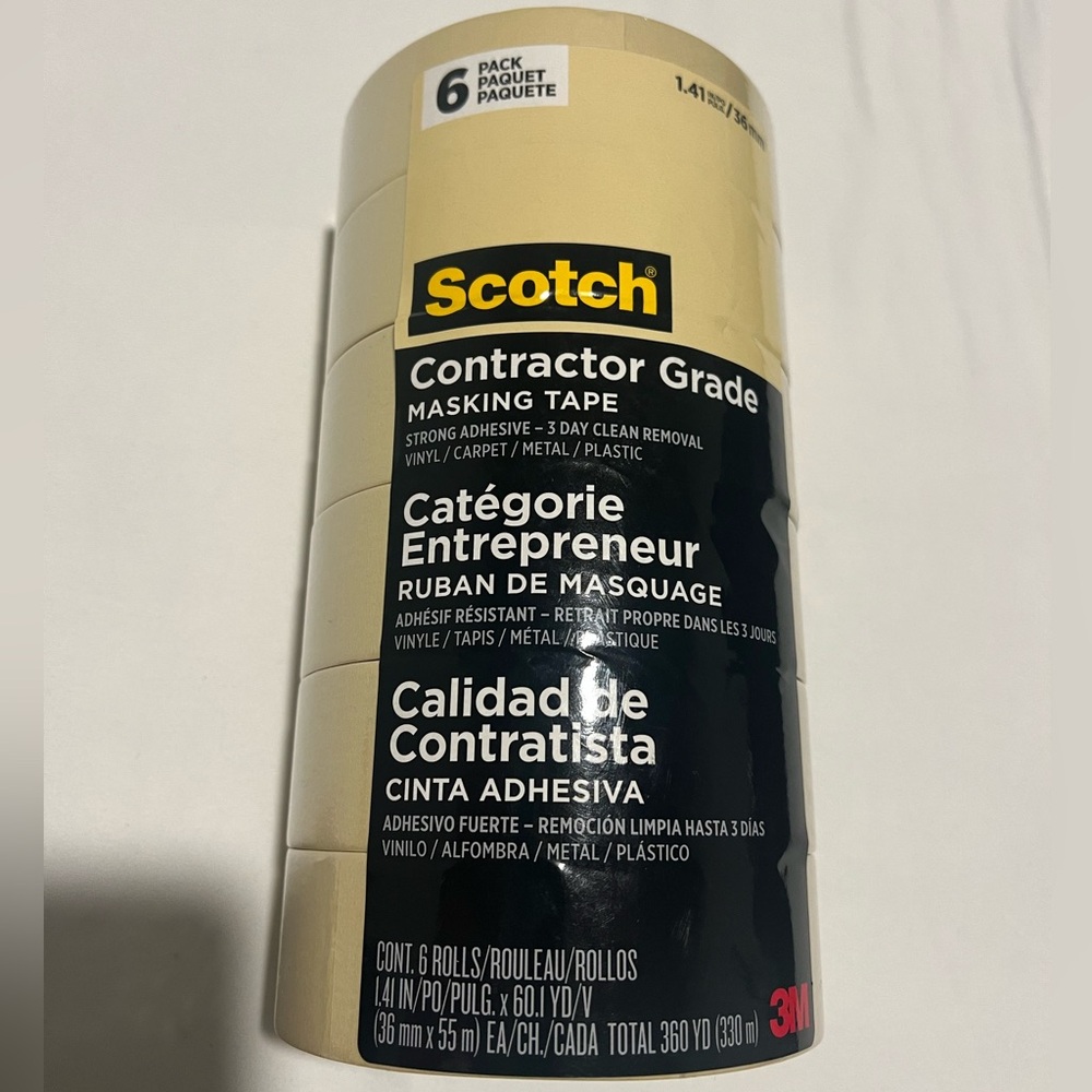 Scotch Contractor Grade Tan Masking Tape 6 Rolls 1.41 Inch 60 Yards Strong NIP